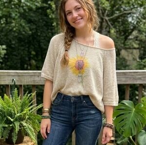 Pilcro Cream Off-Shoulder Sunflower Knit Sweater
